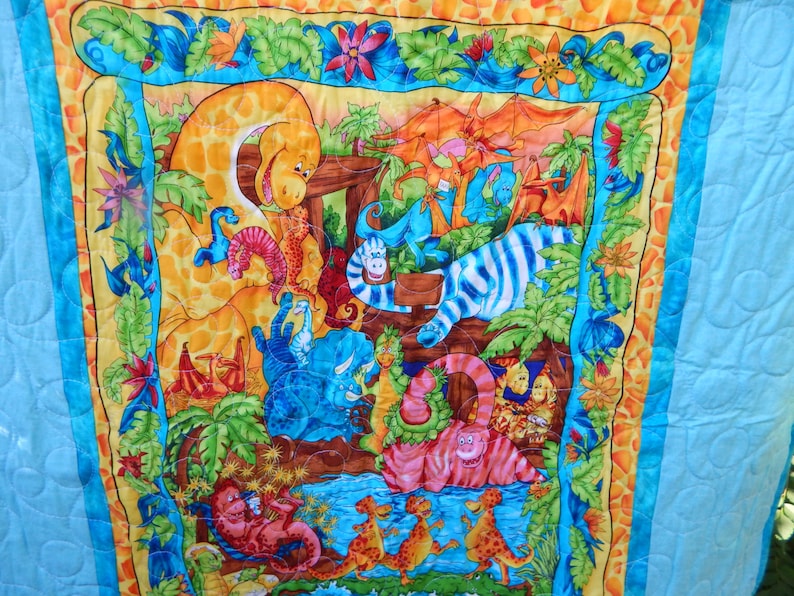 Handmade Teal Dinosaurs Baby Quilt
