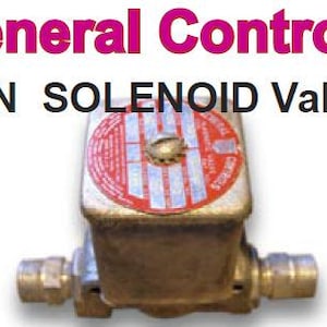 May include: A metallic K-3N solenoid valve with a rectangular housing and a circular red label on top featuring white text. The image includes the text 'General Controls' in large magenta letters and 'K-3N SOLENOID Valves' in black text.