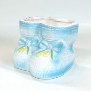 Vintage Baby Blue + Yellow Booties + Bows Planter, Light Blue Ceramic Baby Nursery Decor, MCM Baby Shoe Planter, Baby Shower Gift and Decor