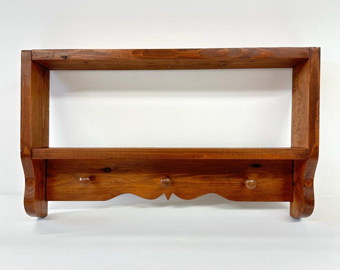 Vintage Wooden Shelf W/ Pegs, Cottagecore Shadow Box W/ Peg Rail, Wood ...