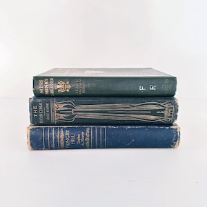 Vintage hardcover book stack with gold lettered bindings : set of 3 books for shelf styling and props