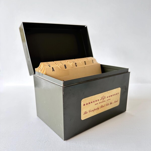 Vintage dark green metal office index file / notecard storage / recipe boxes