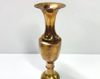 Vintage solid brass 10" bud vase with pedestal base, made in India