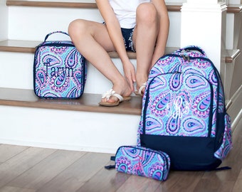 Monogrammed Backpack-- Book bag Monogrammed -- Lunch Box monogram-- -- Monogrammed Bookbag and Lunch Box-- Paisley