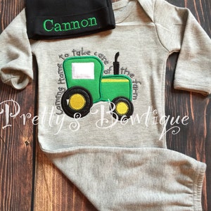 Newborn baby Boy gown and Hat Set Personalized with Name – Coming Home Farm Baby Outfit -- Farm outfit --