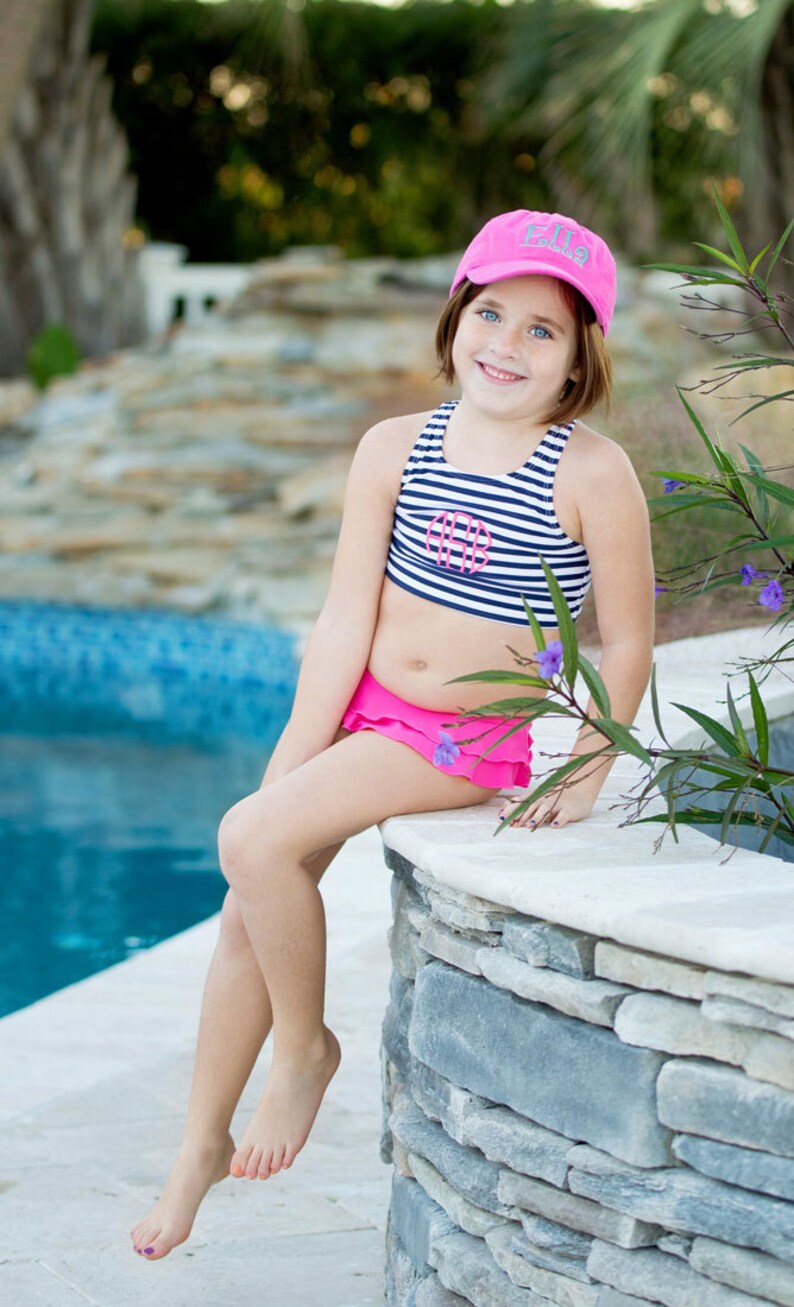 Stripe Bikini Girls Monogrammed Swimsuit -2 pc Girls Monogrammed Bathing Suit-- Ruffled Baby Swimsuit