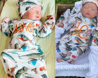 Fishing Monogramed Gown-- Boys Coming home outfit  Monogram gown- Monogramed newborn gown