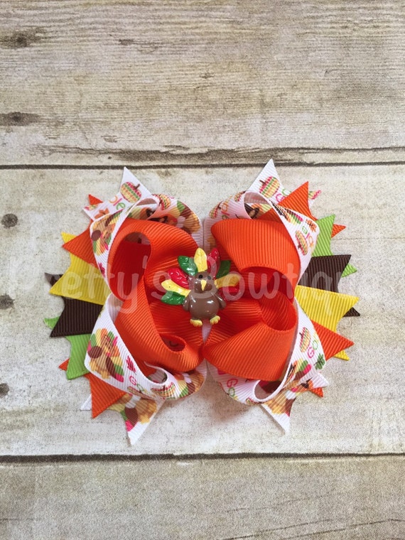 Handmade Turkey Fall Baby Headband Over The Top Bow, Thanksgiving Hair Bow, Big Fall Bow for Girls 5 inch / French Barrette Only