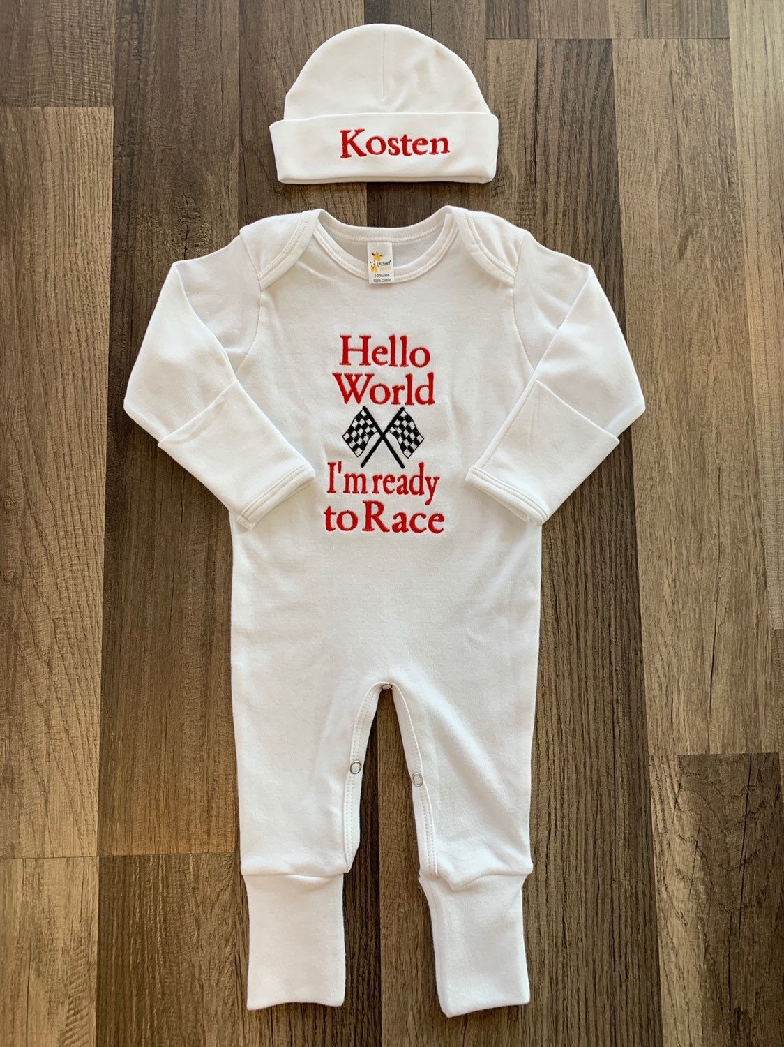 Hello World I'm Ready to Race- Outfit Embroidered Romper-- Newborn Boy Coming Home Outfit -- Personalized Infant Hat -- Racing Gift
