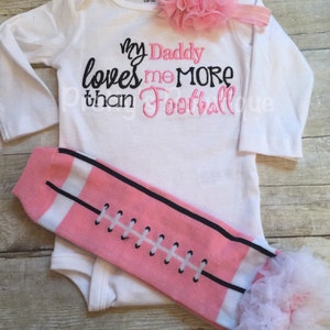 Girls Daddy loves me more than football bodysuit, legwarmers and headband -- Football outfit, football legwarmer, clothing gift