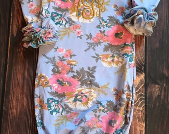 Coming home outfit girls Monogram gown~Monogramed newborn gown- Rose floral