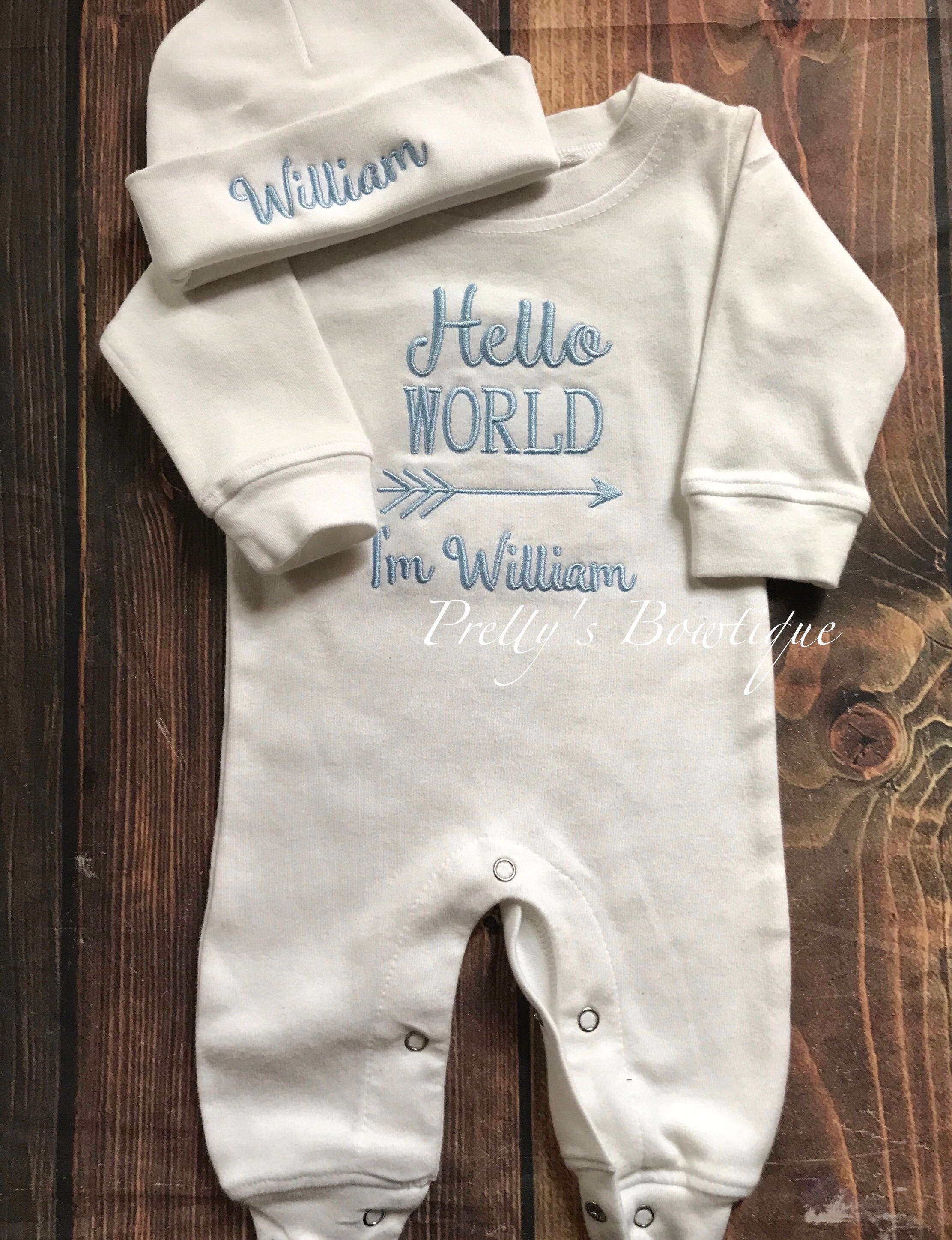 Hello World I m Homecoming Outfit Embroidered Romper Newborn Boy Coming Home Outfit Personalized Infant Hat Baby Shower Gift Etsy Canada