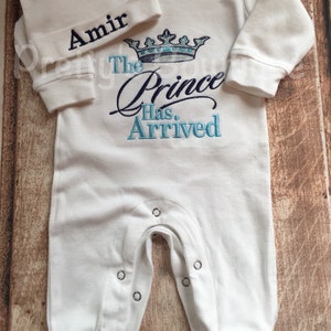 The Prince Has Arrived Homecoming Outfit Embroidered Romper-- Newborn Boy coming home outfit -- Personalized infant hat -- Baby shower gift