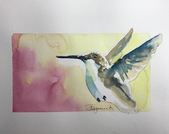 Hummingbird ORIGINAL watercolor painting by Benjaminart9, Birds Wild Life, Warm Sunny Flowers, Garden Flowers, Wall Art, Home Decor, unique
