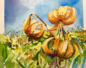 Tiger Lily Wall Art Original watercolor painting watercolour landscape abstract floral flower print birds figures custom unique