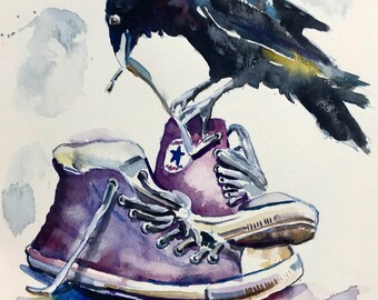 Crow  ORIGINAL watercolor painting by Ben  Pitman, Birds Wild Life, Warm Sunny Flowers, Garden Flowers, Wall Art, Converse Sneeker