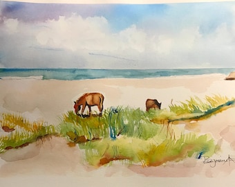 Beach ORIGINAL watercolor painting by Benjaminart9, Birds Wild Life, Warm Sunny Flowers, Garden Flowers, Wall Art, Home Decor, Home Gift