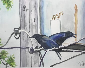 Crows On A Wire” Original watercolor painting watercolour landscape abstract floral flower print birds figures custom artist Tracy Pitman