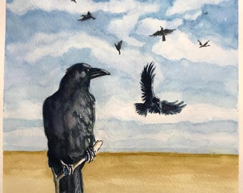 Crow Wall Art  Original watercolor painting watercolour landscape abstract floral flower print birds figures custom artist Tracy Pitman