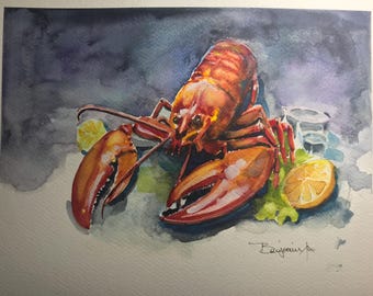 ORIGINAL  Lobster Fishing Watercolor .  Benjaminart9 , Colorful Boats, Garden Flowers, Wall Art, Home Decor, Home Gift, light house, Scotia