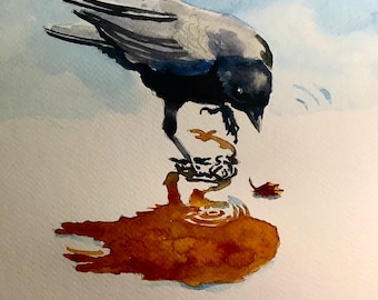 Crow  ORIGINAL watercolor painting by Benjaminart9, Birds Wild Life, Warm Sunny Flowers, Garden Flowers, Wall Art, Home Decor, unique