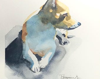 Jack Russell Terrier  in autumn ORIGINAL watercolor painting by Benjaminart9, Wild Life, Warm Sunny Flowers, Garden Flowers, Wall Art