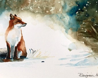 Limited Edition PRINT -Fox Wall Art - print from watercolour landscape