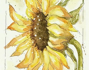 Sunflower ORIGINAL watercolor painting by Tracy Pitman, Birds Wild Life, Warm Sunny Flowers, Garden Flowers, Wall Art, Home Decor,