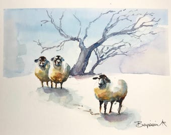 Sheep ORIGINAL watercolor painting by Benjaminart9, Birds Wild Life, Warm Sunny Flowers, Garden Flowers, Wall Art, Home Decor, Home Gift