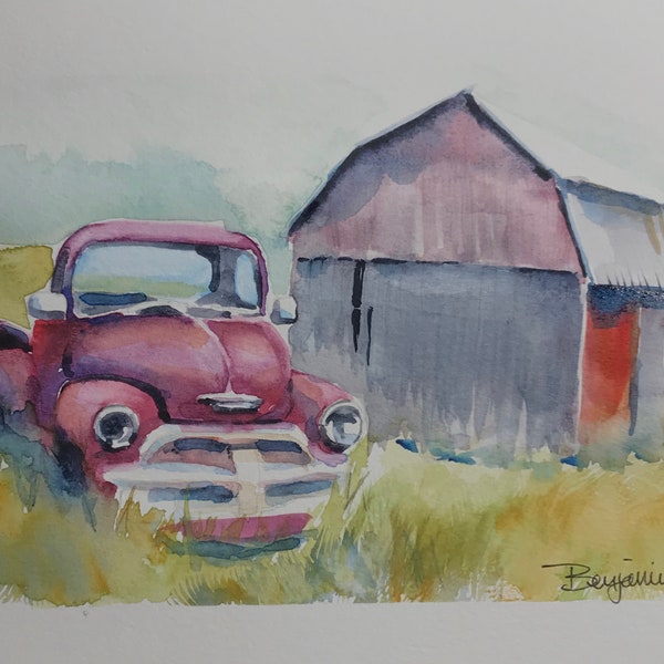 Rusty Truck ORIGINAL pintura de acuarela de Benjaminart9, Wild Life, Warm Sunny Flowers, Garden Flowers, Wall Art, Home Decor, Home Gift,