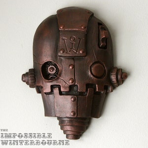Steampunk Wandbehang, Roboter-Skulptur mit Uhrwerk Auge und faux Bronze Finish