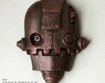 Steampunk wall hanging Robot sculpture with clockwork eye and faux bronze finish