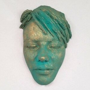 One of a kind Antique Green Brass Patina Female Face Sculpture, streetart face sculpture, face casting tree art and garden decor, face mask image 1