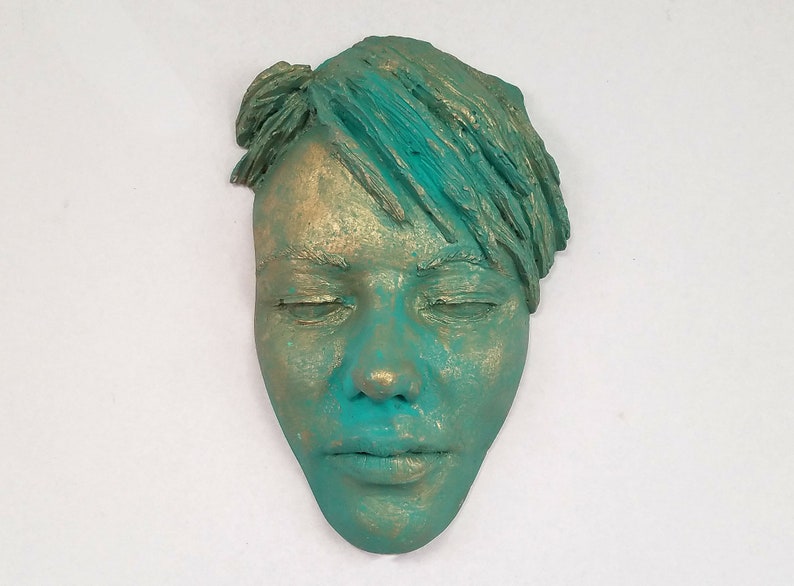 One of a kind Antique Green Brass Patina Female Face Sculpture, streetart face sculpture, face casting tree art and garden decor, face mask image 1