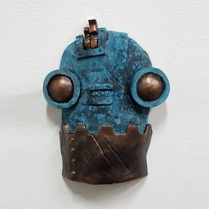 Steampunk Roboter Gesicht, blauer Roboter, Roboter Skulptur, Street Art Roboter, SteamBot Gesicht - Bronze und Patina Finish