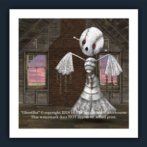 May include: A white, metal, robotic figure with a chain-link skirt and white fabric wings stands in a room with a brick wall and a window. The figure has a round head with red eyes and a metal body. The room is dimly lit and has a rustic feel.
