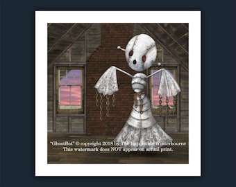 Steampunk limited edition robot art print with spooky GhostBot illustration from the popular children's book - The AlphaBots