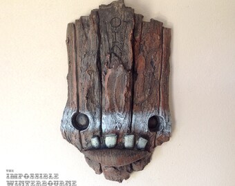 Forest Goblin sculpture, mask art, voodoo, tiki mask, forest spirit, fairytale, folk art, bugbear, Boggart Sculpture Horizontal Eye Stripe