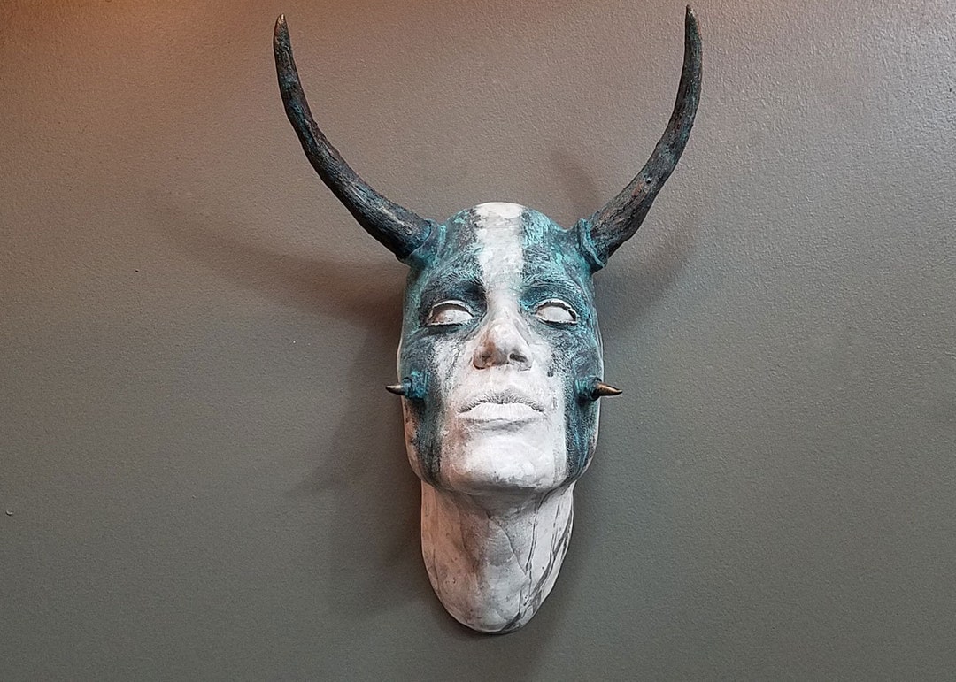 Tribal Taurus Face Wall Sculpture: Blue & White Patina Bronze Finish - Etsy