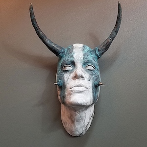 Tribal Taurus Face Wall Sculpture: Blue & White Patina Bronze Finish