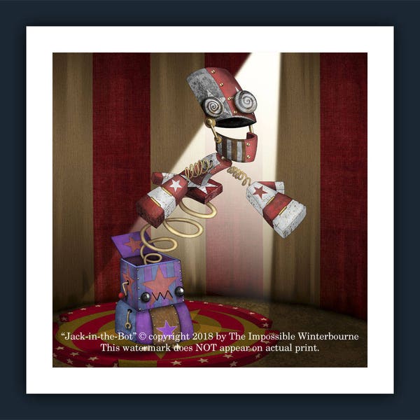 Steampunk limited edition robot art print with pop up Jack•in•the•Bot illustration from the popular children's book - The AlphaBots