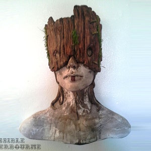 Tribal Forest Dweller sculpture, female bust, mask art, fairytale art, primitive art, Native girl, Stone and Wood with moss detail image 1