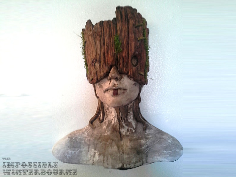 Tribal Forest Dweller sculpture, female bust, mask art, fairytale art, primitive art, Native girl, Stone and Wood with moss detail image 1