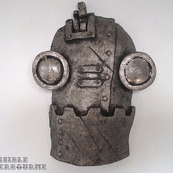 Steampunk Robot Sculpture, Tinman art, Scifi Space Robot, "SteamBot Face" - Pewter Finish, home Decor, Wall Art, Streetart