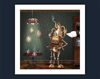 Steampunk robot limited edition art print with tea time KettleBot illustration from the popular children's book - The AlphaBots