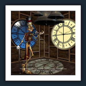 May include: A whimsical digital art print featuring a clockwork automaton character in a room with clocks and bells. The automaton wears a top hat and holds a cane. The background includes a large clock face and wooden paneling.