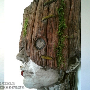 Tribal Forest Dweller sculpture, female bust, mask art, fairytale art, primitive art, Native girl, Stone and Wood with moss detail image 3