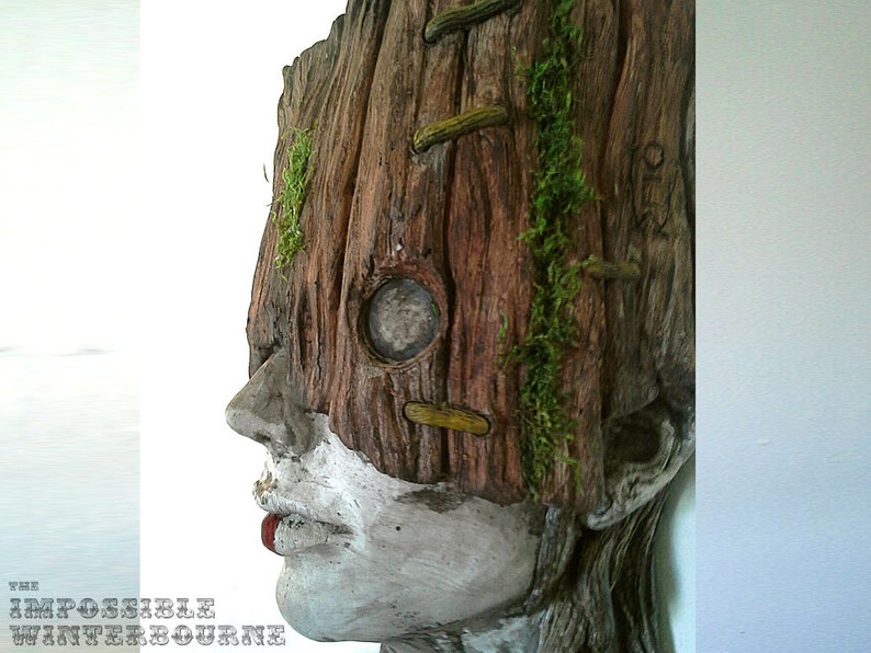 Tribal Forest Dweller sculpture, female bust, mask art, fairytale art, primitive art, Native girl, Stone and Wood with moss detail image 3