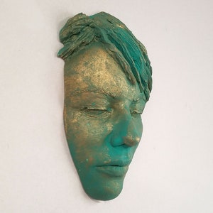 One of a kind Antique Green Brass Patina Female Face Sculpture, streetart face sculpture, face casting tree art and garden decor, face mask image 3