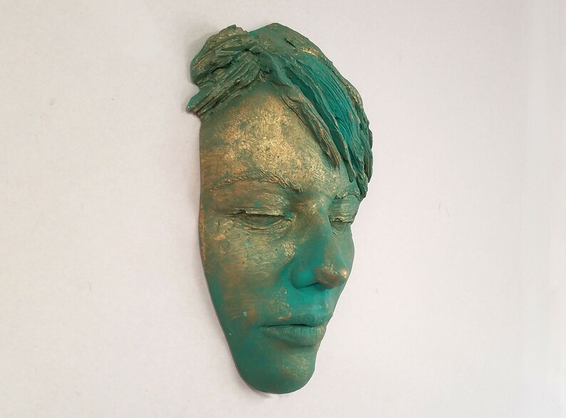 One of a kind Antique Green Brass Patina Female Face Sculpture, streetart face sculpture, face casting tree art and garden decor, face mask image 3